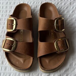 Birkenstock Tan Sandals with Gold Buckles